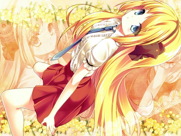 Anime picture 1024x768 with original nametakenoko marotti single long hair blush blue eyes blonde hair girl skirt flower (flowers) bow hair bow miniskirt shirt necktie