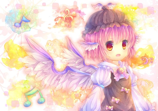Anime picture 1414x1000 with touhou mystia lorelei pjrmhm coa single looking at viewer blush short hair open mouth red eyes pink hair head wings treble clef girl hat wings musical note