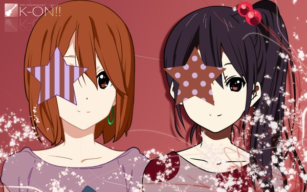 Anime picture 1920x1200 with k-on! kyoto animation hirasawa yui nakano azusa long hair looking at viewer fringe highres short hair black hair simple background smile brown hair wide image multiple girls brown eyes upper body side ponytail pink background listen!!