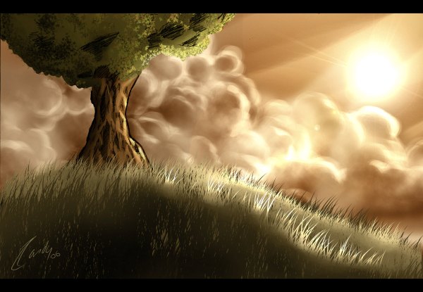 Anime picture 1200x830 with original candyann1984 (artist) sky cloud (clouds) sunlight plant (plants) tree (trees) grass