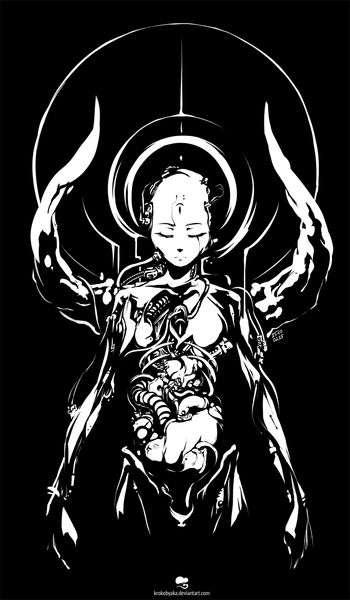 Anime picture 818x1400 with blame! krokobyaka single tall image simple background signed eyes closed black background monochrome mechanical bone (bones) girl halo wire (wires) android