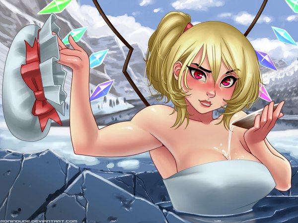 Anime picture 4000x3000 with touhou flandre scarlet ronin dude (ray cornwell) single looking at viewer blush fringe highres short hair breasts light erotic blonde hair red eyes large breasts absurdres sky cloud (clouds) lips one side up naked towel