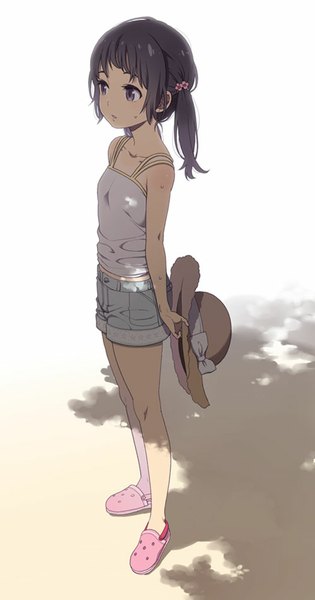Anime picture 499x950 with original mattaku mousuke single long hair tall image fringe open mouth black hair standing twintails holding profile black eyes shadow sweat hands behind back summer girl hat shoes