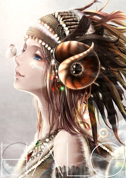 Anime picture 2480x3506 with original bouno satoshi single long hair tall image blush highres open mouth blue eyes brown hair bare shoulders looking away profile horn (horns) light smile lips sunlight teeth portrait sunbeam