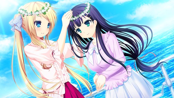 Anime picture 1280x720 with harvest overray giga ouno sumi mikami lilia long hair blush blue eyes black hair blonde hair smile wide image twintails multiple girls game cg sky cloud (clouds) girl dress flower (flowers) 2 girls
