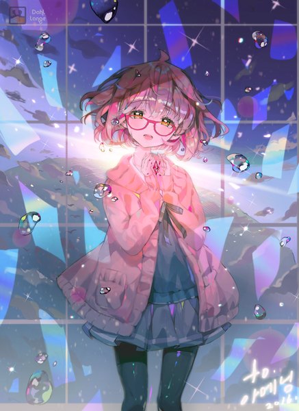 Anime picture 729x1000 with kyoukai no kanata kyoto animation kuriyama mirai crab d single tall image looking at viewer blush fringe short hair open mouth standing signed yellow eyes pink hair cloud (clouds) ahoge long sleeves head tilt pleated skirt