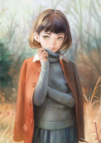 Anime picture 1355x1920 with original arata yokoyama single tall image looking at viewer short hair brown hair yellow eyes outdoors lips open clothes open jacket revision girl plant (plants) tree (trees) jacket sweater