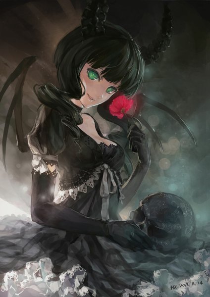 Anime picture 744x1052 with black rock shooter dead master hjl single tall image looking at viewer fringe breasts smile holding green eyes signed horn (horns) green hair inscription drill hair smoke girl gloves flower (flowers)