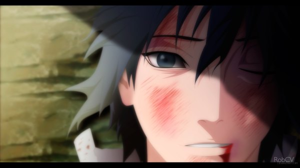 Anime picture 4800x2700 with naruto studio pierrot naruto (series) uchiha sasuke robcv single highres short hair black hair wide image absurdres one eye closed light smile wink black eyes sunlight coloring close-up face boy
