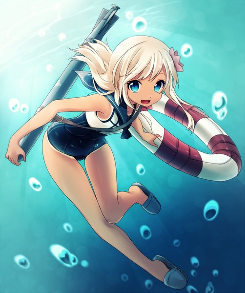 Anime picture 1000x1195 with kantai collection ro-500 submarine kida mochi single long hair tall image looking at viewer fringe open mouth blue eyes bare shoulders bent knee (knees) white hair hair flower bare legs underwater tan tan lines swimming girl
