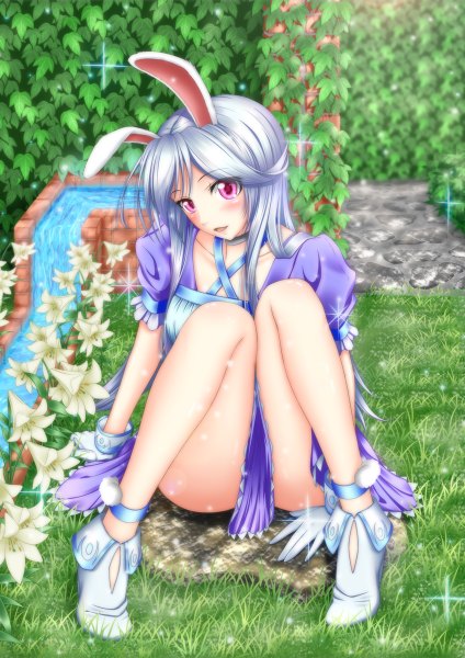 Anime picture 848x1200 with original k2-atelier single long hair tall image blush open mouth light erotic sitting animal ears blue hair pink eyes bunny ears bunny girl girl gloves flower (flowers) shoes white gloves leaf (leaves)