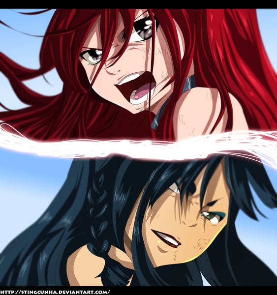 Anime picture 1000x1066 with fairy tail erza scarlet minerva orlando stingcunha long hair tall image open mouth black hair multiple girls green eyes sky red hair braid (braids) looking back grey eyes lipstick coloring letterboxed close-up angry