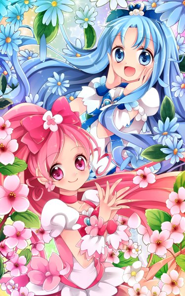 Anime picture 1000x1600 with precure heartcatch precure! toei animation kurumi erika hanasaki tsubomi cure blossom cure marine uzuki aki long hair tall image looking at viewer blush open mouth blue eyes smile multiple girls blue hair pink hair ponytail pink eyes