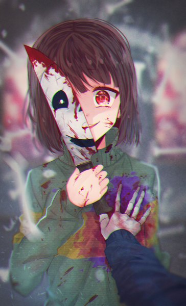 Anime picture 2551x4201 with undertale chara (undertale) sans (undertale) daikazoku63 tall image looking at viewer fringe highres short hair smile red eyes brown hair holding upper body parted lips head tilt symbol-shaped pupils reflection pov blood on face