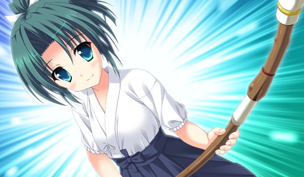 Anime picture 1024x600 with princess evangile blush short hair blue eyes smile wide image game cg traditional clothes green hair girl