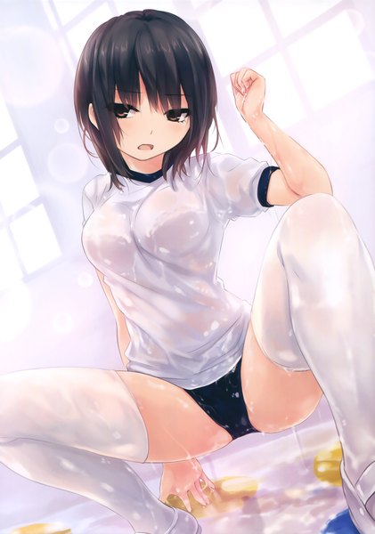 Anime picture 2316x3300 with original aoyama sumika coffee-kizoku single tall image looking at viewer highres short hair open mouth light erotic black hair brown eyes scan wet spread legs wet clothes girl thighhighs uniform white thighhighs