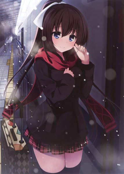 Anime picture 2497x3500 with original netarou single long hair tall image looking at viewer blush highres black hair ponytail scan official art girl thighhighs skirt bow black thighhighs hair bow miniskirt jacket