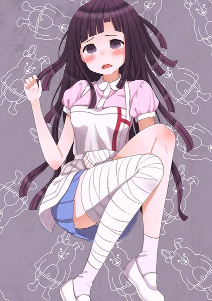 Anime picture 707x1000 with dangan ronpa super dangan ronpa 2 tsumiki mikan mizutamako single long hair tall image looking at viewer open mouth black hair simple background purple eyes pleated skirt mole mole under eye saliva girl skirt miniskirt socks