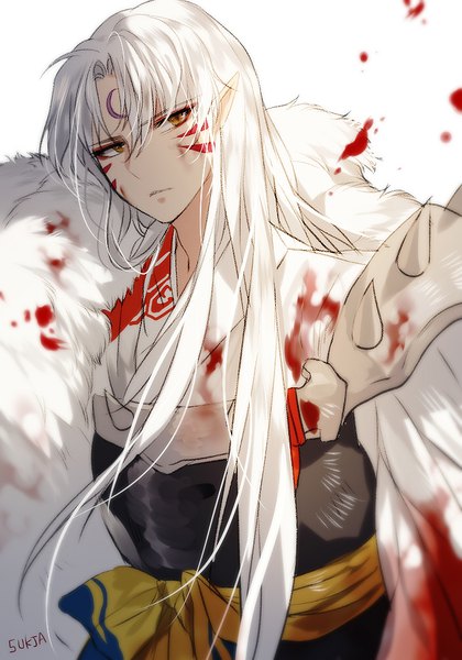 Anime picture 700x1000 with inuyasha sesshomaru sorolp single long hair tall image fringe simple background hair between eyes white background brown eyes signed looking away white hair traditional clothes japanese clothes pointy ears facial mark boy fur