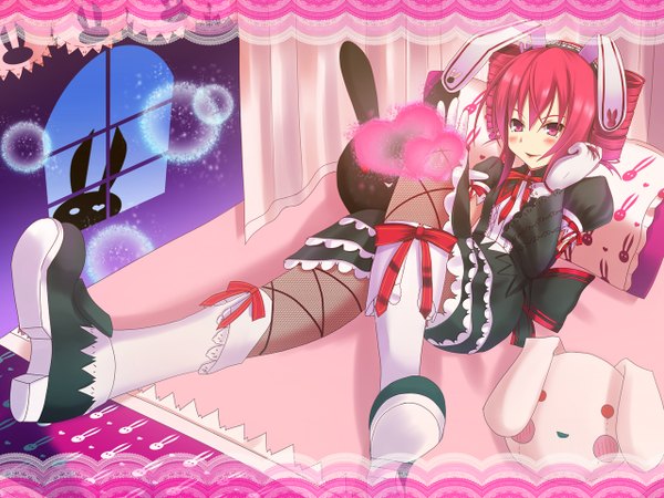 Anime picture 1280x960 with utau kasane teto okuri banto single blush short hair red eyes red hair bunny ears drill hair lolita fashion girl dress gloves socks heart white socks toy stuffed animal