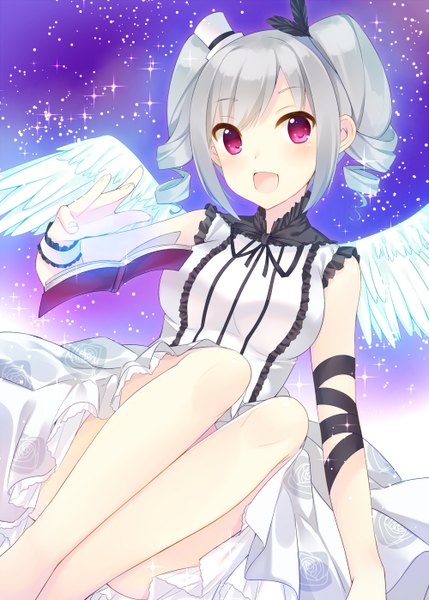 Anime picture 1000x1398 with idolmaster idolmaster cinderella girls kanzaki ranko bekotarou single long hair tall image looking at viewer fringe open mouth silver hair bent knee (knees) pink eyes bare legs outstretched arm floral print drill hair happy angel wings white wings
