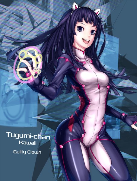 Anime picture 1483x1960 with guilty crown production i.g tsugumi nest (artist) single long hair tall image open mouth black hair smile animal ears black eyes cat ears inscription girl bodysuit