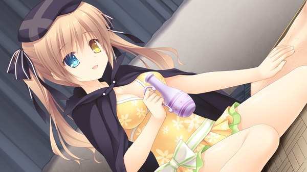 Anime picture 1280x720 with sora tobu hitsuji to manatsu no hana kokuyou ran tanihara natsuki single long hair open mouth brown hair wide image twintails game cg heterochromia girl dress ribbon (ribbons) hair ribbon cape beret