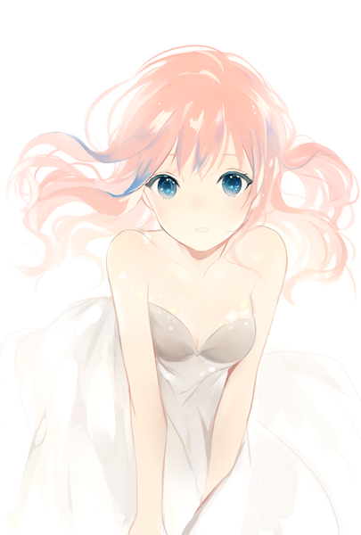 Anime picture 591x874 with original lpip single long hair tall image looking at viewer fringe blue eyes simple background white background bare shoulders pink hair wind leaning leaning forward sleeveless girl dress