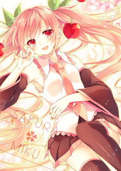 Anime picture 717x1010 with vocaloid hatsune miku sakura miku toosaka asagi single long hair tall image looking at viewer blush red eyes twintails pink hair character names girl thighhighs skirt detached sleeves necktie food berry (berries)