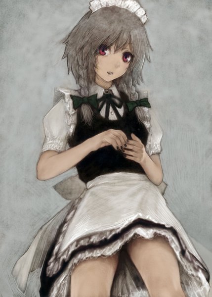 Anime picture 1115x1560 with touhou izayoi sakuya madokansuzuki (artist) tall image short hair red eyes braid (braids) nail polish grey hair grey background twin braids girl bow hair bow bonnet