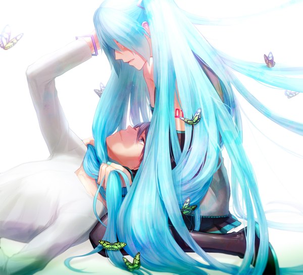 Anime picture 1650x1500 with vocaloid hatsune miku kaito (vocaloid) rowya long hair short hair simple background smile white background sitting purple eyes twintails blue hair purple hair tears looking down looking up girl boy skirt