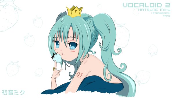 Anime picture 1920x1080 with vocaloid hatsune miku highres simple background wide image white background bare shoulders green hair girl food crown berry (berries) strawberry