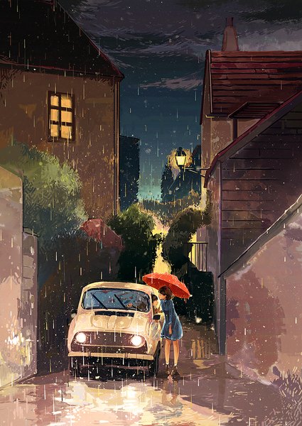 Anime picture 708x1000 with original gemi tall image short hair brown hair evening rain street girl dress boy building (buildings) ground vehicle lantern car house