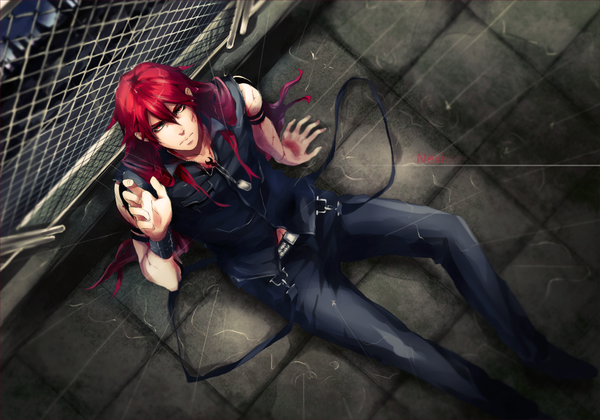 Anime picture 1250x877 with saito yukihiro single long hair looking at viewer red eyes sitting red hair from above inscription tattoo sleeveless outstretched arm evening rain boy belt blood fence wristlet suspenders