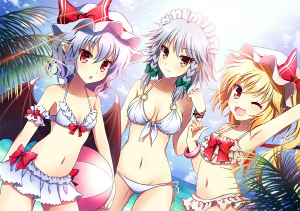 Anime picture 1020x720 with touhou flandre scarlet remilia scarlet izayoi sakuya mauve blush short hair open mouth blonde hair red eyes multiple girls brown eyes silver hair braid (braids) fang (fangs) twin braids girl navel bow swimsuit