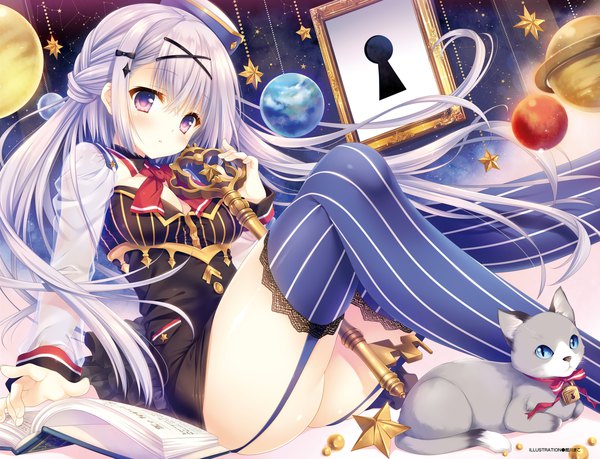 Anime picture 2506x1920 with original tatekawa mako single long hair blush fringe highres light erotic hair between eyes sitting purple eyes silver hair bent knee (knees) ass between legs constellation solar system girl thighhighs hair ornament