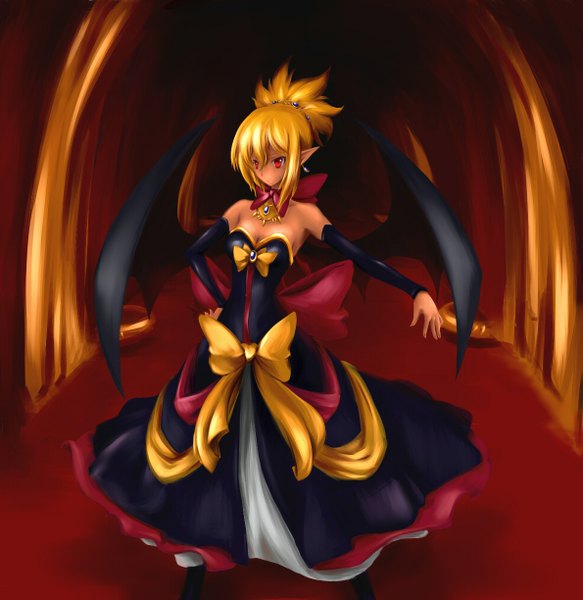 Anime picture 1190x1224 with disgaea rozalin nightmaremk2 single tall image blonde hair red eyes pointy ears hand on hip girl bow detached sleeves earrings wings jewelry