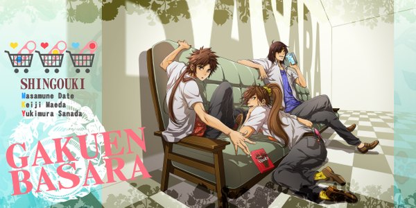 Anime picture 2500x1250 with sengoku basara production i.g date masamune sanada yukimura maeda keiji chizumaru (artist) long hair highres brown hair wide image ponytail crossed legs mouth hold checkered floor boy book (books) eyepatch couch spookie