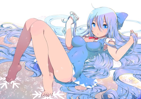 Anime picture 1412x1000 with touhou cirno yamada ranga single looking at viewer blush breasts blue eyes light erotic large breasts blue hair ahoge lying very long hair barefoot on back snowing alternate hairstyle alternate hair length girl