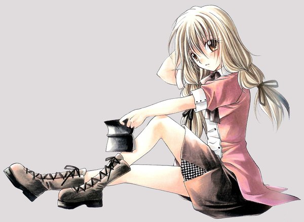 Anime picture 1869x1368 with spiral yuizaka hiyono mizuno eita single long hair looking at viewer fringe highres simple background blonde hair hair between eyes sitting full body grey background girl ribbon (ribbons) boots book (books)