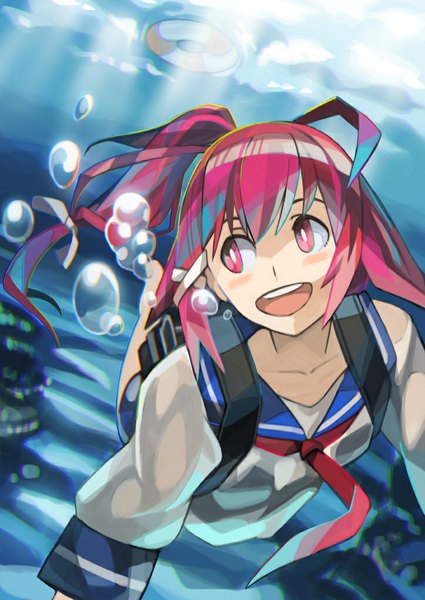 Anime picture 724x1023 with kantai collection i-168 submarine rano single long hair tall image blush fringe open mouth looking away pink hair ahoge ponytail pink eyes teeth underwater girl uniform serafuku bubble (bubbles)