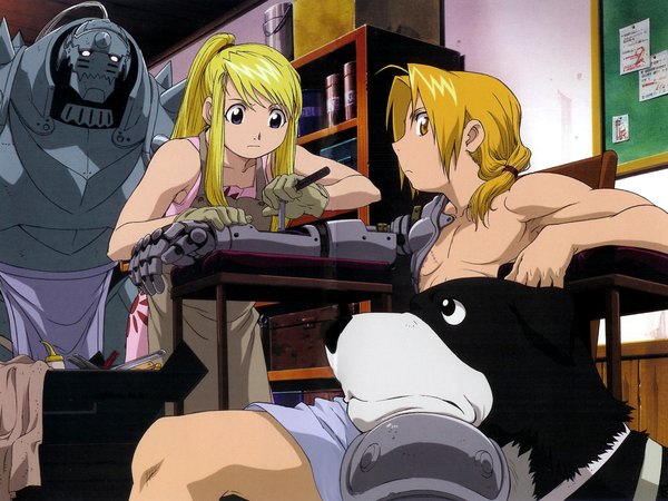 Anime picture 2000x1500 with fullmetal alchemist studio bones edward elric alphonse elric winry rockbell den (fullmetal alchemist) highres