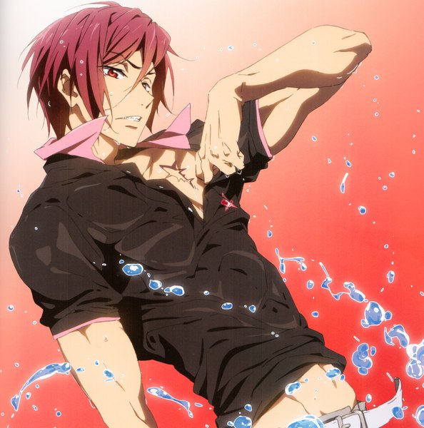 Anime picture 2128x2151 with free! kyoto animation matsuoka rin nishiya futoshi single tall image highres short hair simple background red eyes red hair scan official art teeth bare belly tattoo red background sharp teeth boy splashes