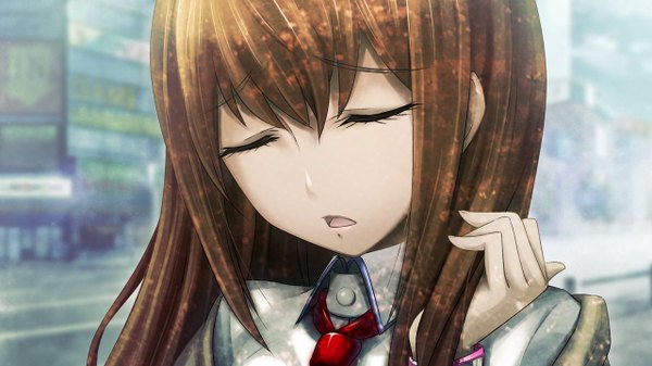 Anime picture 1280x720 with steins;gate white fox makise kurisu huke long hair open mouth brown hair wide image game cg eyes closed face girl