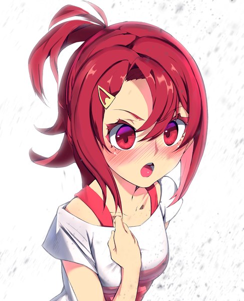 Anime picture 1623x2000 with kiznaiver studio trigger takashiro chidori areks single tall image blush fringe short hair breasts open mouth simple background hair between eyes red eyes standing payot looking away red hair from above embarrassed