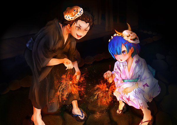 Anime picture 3508x2480 with re:zero kara hajimeru isekai seikatsu white fox rem (re:zero) natsuki subaru 05octopus04 blush fringe highres short hair blue eyes black hair sitting holding brown eyes blue hair absurdres bent knee (knees) traditional clothes japanese clothes one eye closed