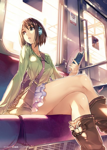 Anime picture 607x850 with original ipod vania600 single tall image fringe highres short hair breasts open mouth brown hair sitting holding brown eyes looking away sunlight shiny skin crossed legs girl skirt