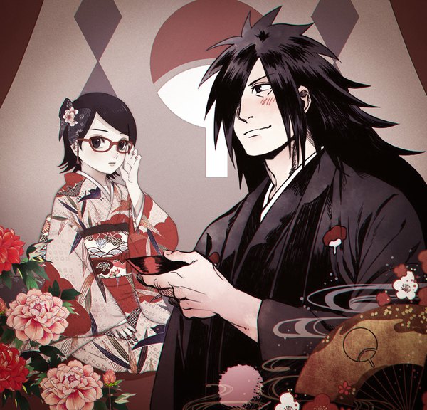 Anime picture 990x951 with naruto studio pierrot naruto (series) uchiha madara uchiha sarada tagme (artist) shiroshikun666 sa (naruto307) long hair looking at viewer blush fringe short hair black hair smile holding very long hair traditional clothes japanese clothes black eyes