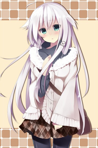 Anime picture 700x1050 with original anceril sacred mishima kurone single long hair tall image looking at viewer blush blue eyes white hair girl skirt sweater bag winter clothes