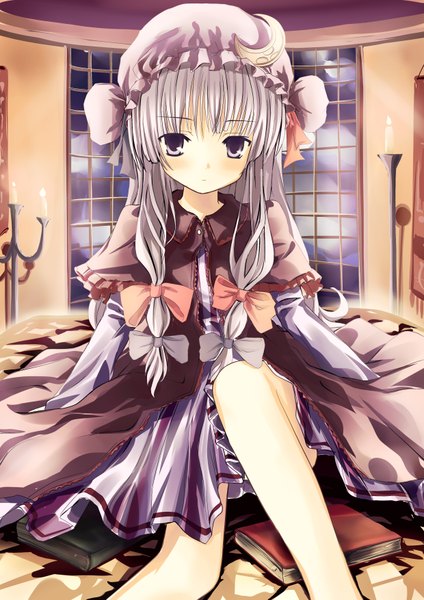 Anime picture 2480x3507 with touhou patchouli knowledge you peaple you (artist) single long hair tall image highres sitting silver hair barefoot black eyes girl dress hair ornament bow hair bow window book (books) bonnet candle (candles)